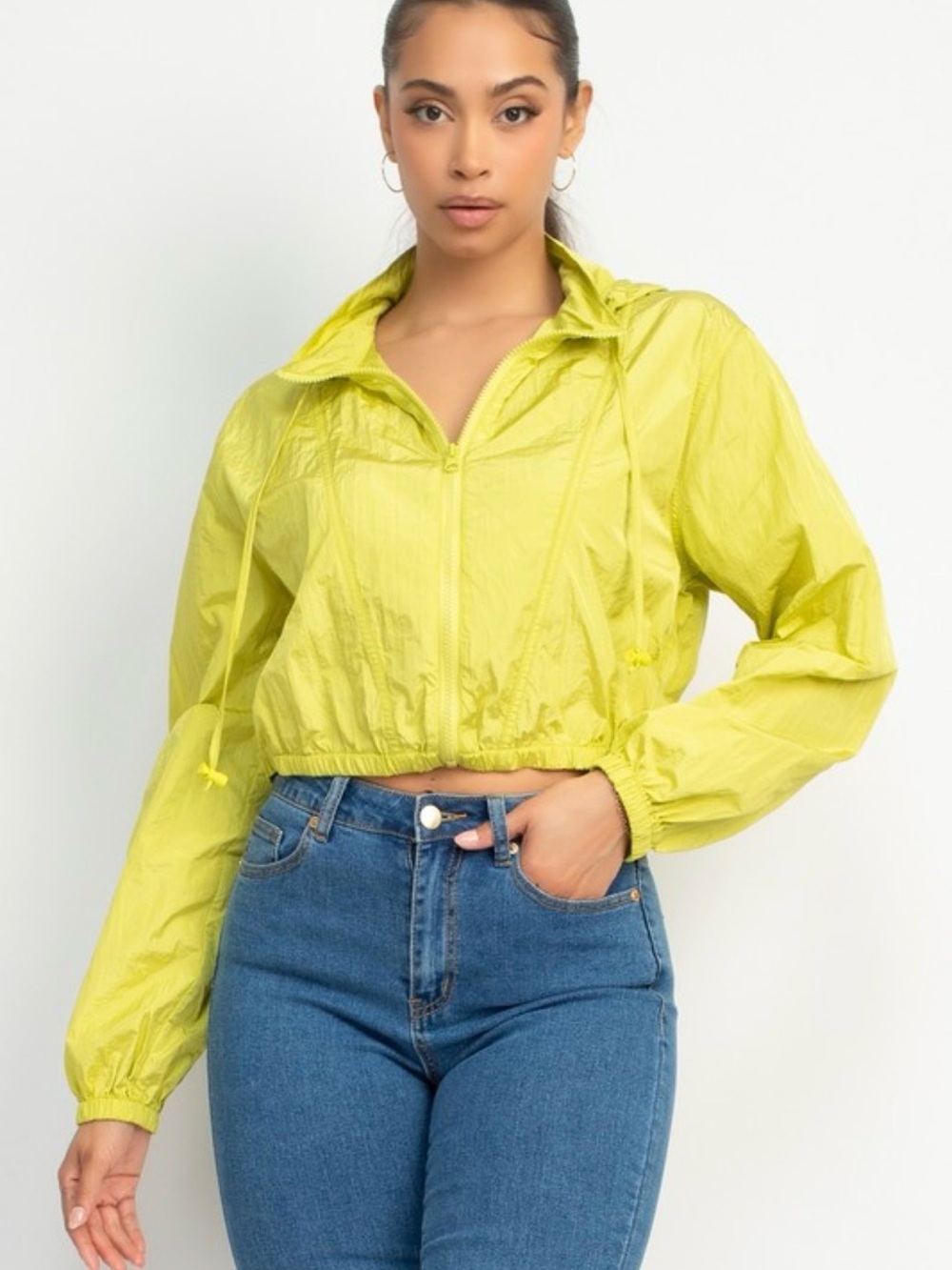 Cropped Lime Windbreaker Jacket with Hood